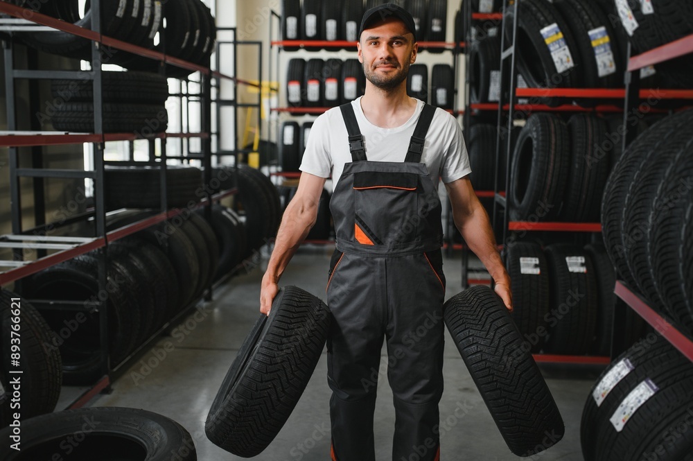 customer tire fitting in the car service, auto mechanic checks the tire and rubber tread for safety customer tire fitting in the car service, auto mechanic checks the tire and rubber tread for safety