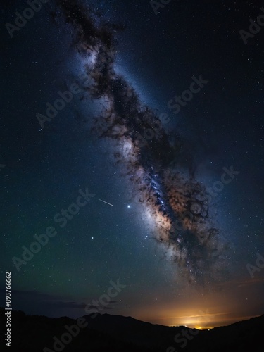 Wide-angle night sky with stars, Milky Way, and nebula. Long exposure, deep space