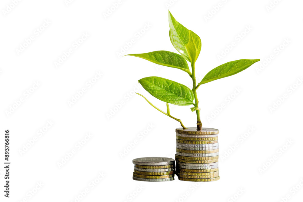 A green plant sprouting from a stack of coins Isolated on white background A green plant sprouting from a stack of coins Isolated on white background