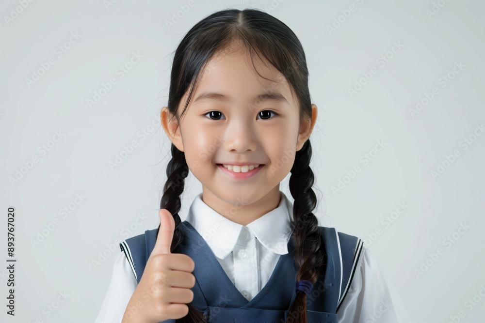 Smiling young Asian girl in school uniform giving thumbs up with braided hair on light background Smiling young Asian girl in school uniform giving thumbs up with braided hair on light background
