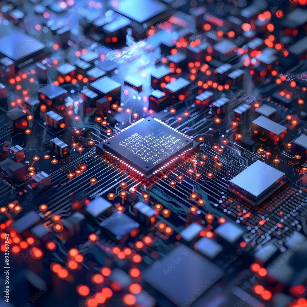 A computer chip is lit up with red lights A computer chip is lit up with red lights