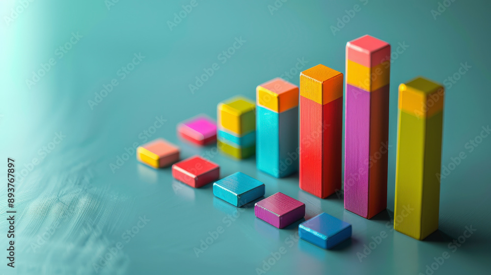 A 3D bar chart with multi-colored rectangular blocks of varying heights, depicting data visualization against a smooth, blue-hued background. A 3D bar chart with multi-colored rectangular blocks of varying heights, depicting data visualization against a smooth, blue-hued background.