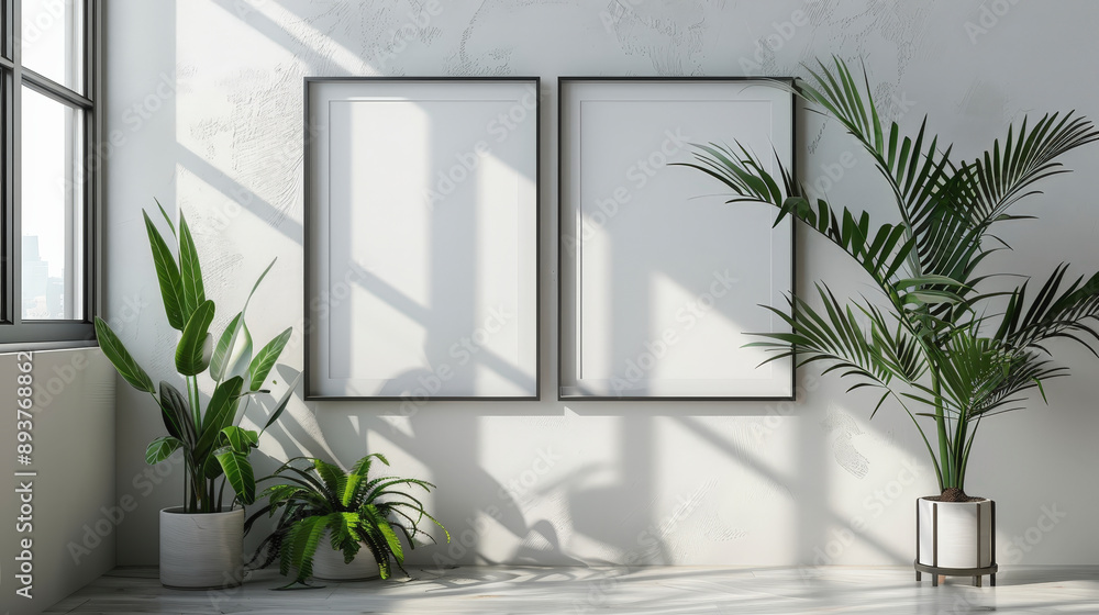 Two blank picture frames on a wall, surrounded by lush indoor plants in a well-lit, modern space. Two blank picture frames on a wall, surrounded by lush indoor plants in a well-lit, modern space.