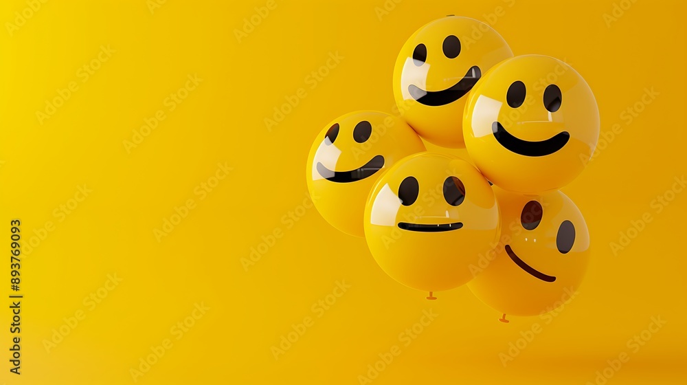 Fototapeta premium Bright and Cheerful Yellow Smiley Faces Floating Against a Vibrant Orange Background for Happiness and Positivity