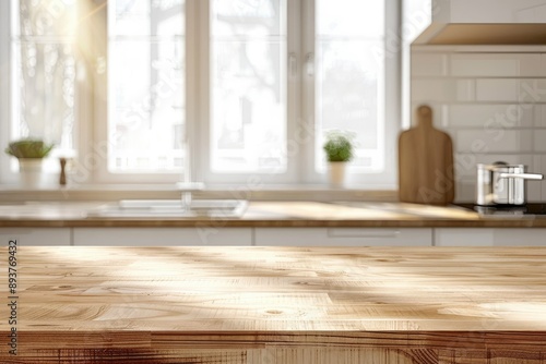 "Kitchen Background with Top Counter Interior in Wood - Home Blur Effect"