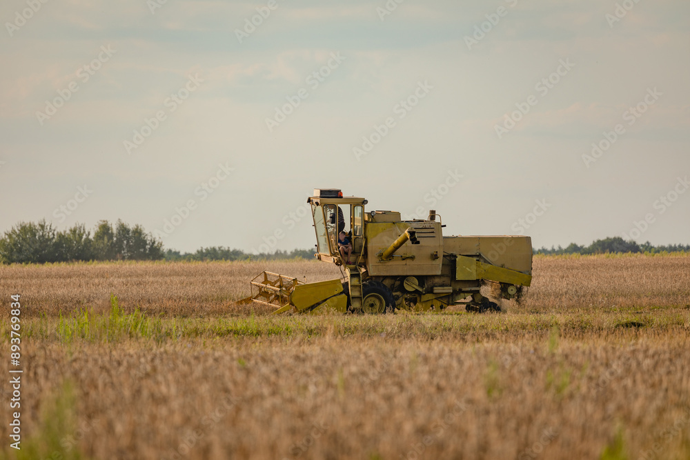 Obraz premium Great combine harvester working at the field. Agricultural machine on the blue sky. Combine harvester harvests ripe wheat. Concept of a rich harvest. Agriculture image.