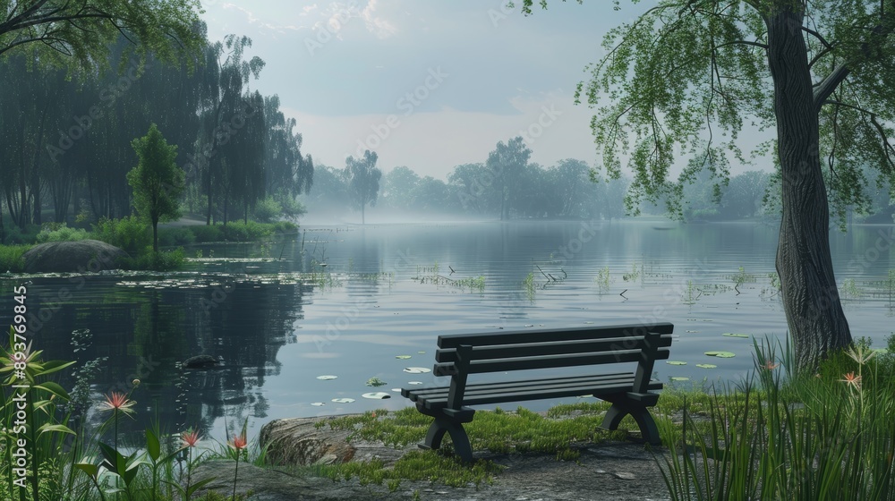 Tranquil Oasis Serene Park Bench Overlooking Reflective Pond Peaceful Nature Landscape for Relaxation and Contemplation Tranquil Oasis Serene Park Bench Overlooking Reflective Pond Peaceful Nature Landscape for Relaxation and Contemplation