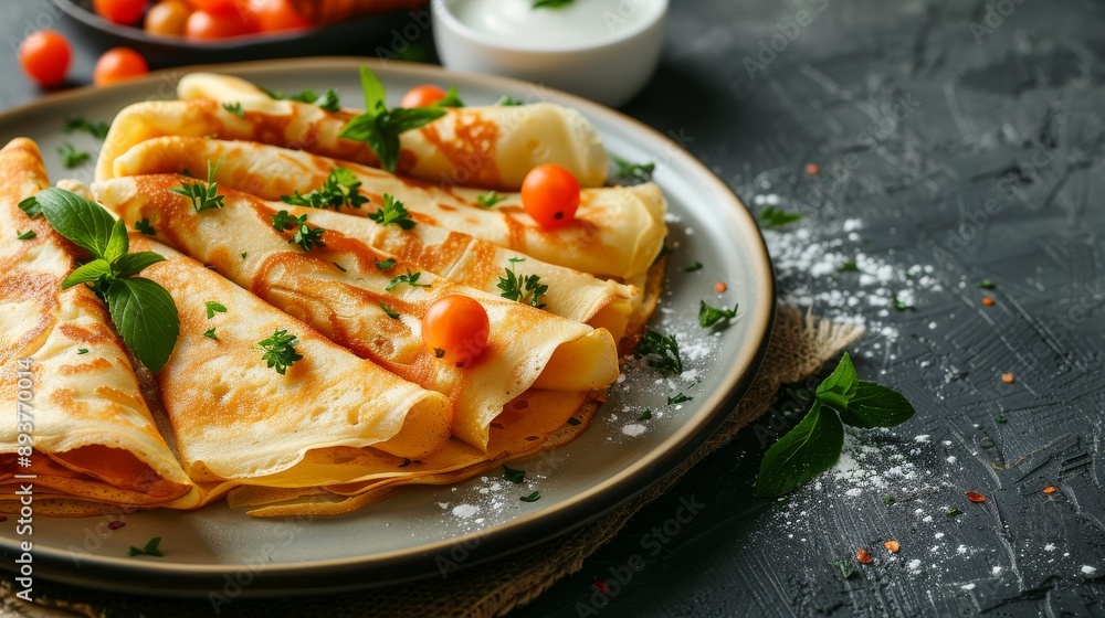 A plate of golden crepes topped with cherry tomatoes and fresh herbs on a rustic table A plate of golden crepes topped with cherry tomatoes and fresh herbs on a rustic table