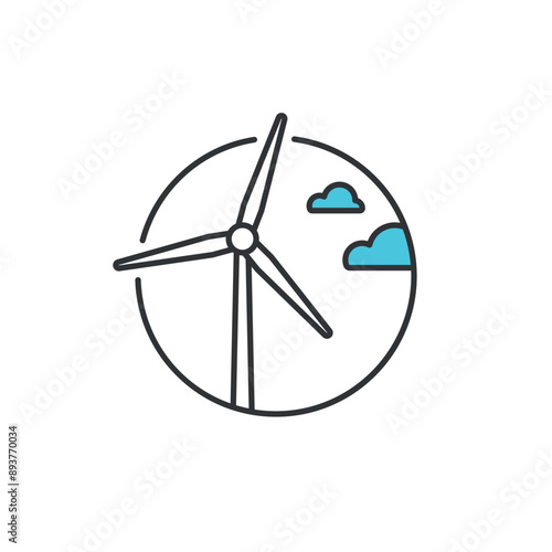 Icon of winmill and blue clouds in circle. The symbol refers to alternative energy that we can use aside from coal, oil, gas or wood. Alternative energy includes wind, sunlight or animal waste.