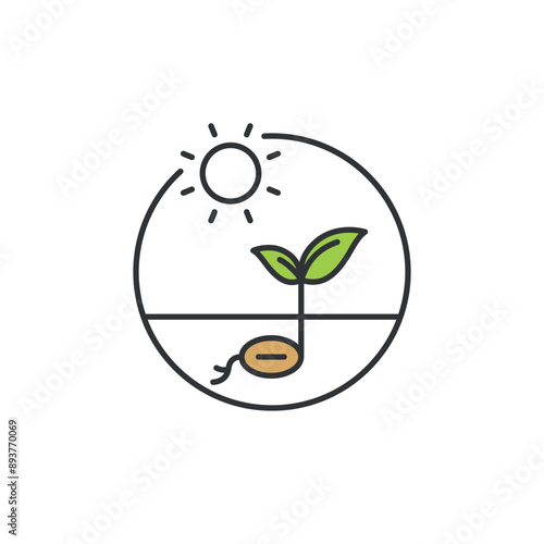 Icon of plant grown from a seed. Symbolize an act to grow plant or tree from seed to create green environment. Illustration of green leaf starts to grow with the help of sunlight.