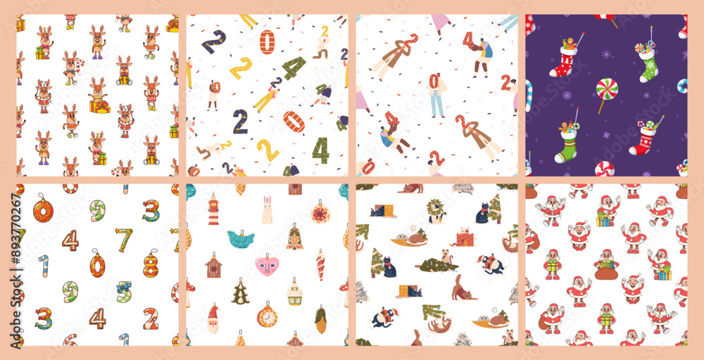 Vector Collection Of Festive Patterns Depicting New Year And Christmas Elements Include Illustrations Of Reindeer, Santa Vector Collection Of Festive Patterns Depicting New Year And Christmas Elements Include Illustrations Of Reindeer, Santa