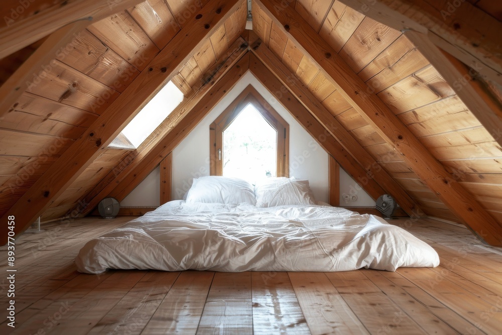 Interior of a attic bedroom with double bed and wooden ceiling. Interior of a attic bedroom with double bed and wooden ceiling.