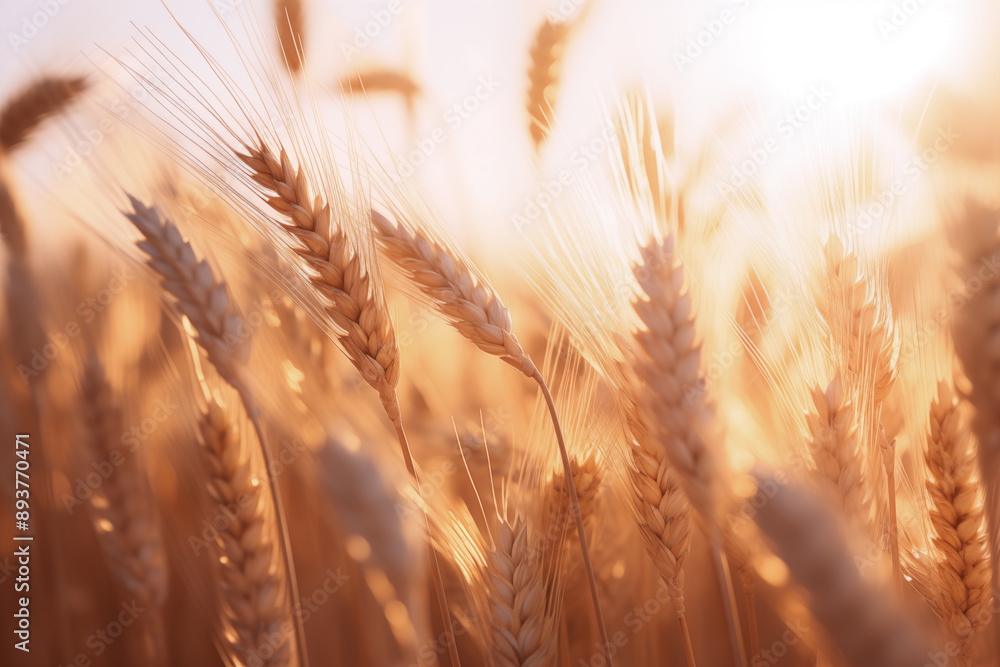 Fototapeta premium Golden ears of corn in the sun, a field of wheat and other plant crops. Concept design for advertising a good harvest, production, backgrounds and wallpapers for cereals and products