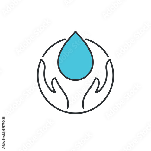 Icon to promote action to save water. Illustration of hands protecting the environment from unnecessary water usage.