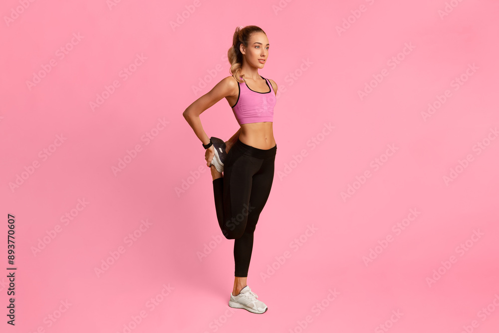 Sporty Lady Warming Up Stretching Leg Before Workout Training Over Yellow Background. Full Length Sporty Lady Warming Up Stretching Leg Before Workout Training Over Yellow Background. Full Length