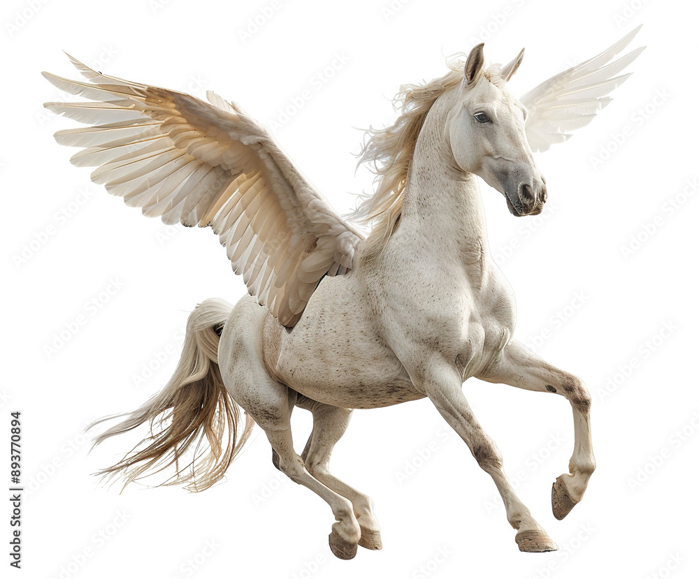 Majestic white winged horse, Pegasus, in flight, cut out Majestic white winged horse, Pegasus, in flight, cut out
