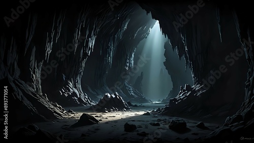 A dark cave with a ray of light shining through the entrance.