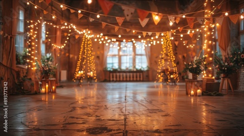 A rustic room decorated with string lights and candles creating a warm and cozy ambiance