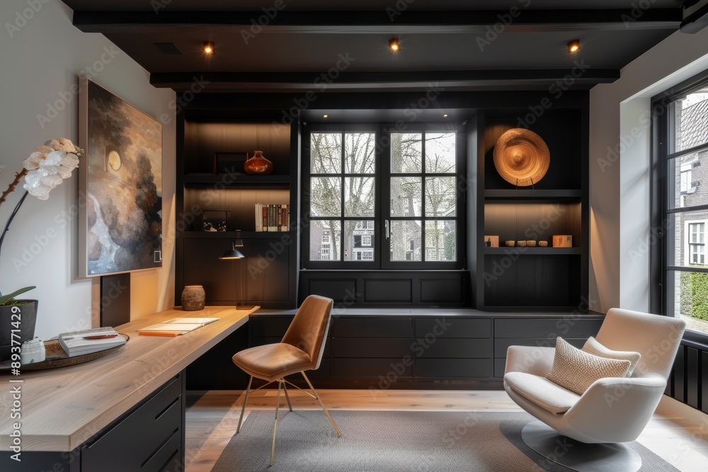 interior design of living room with black wall. interior design of living room with black wall.