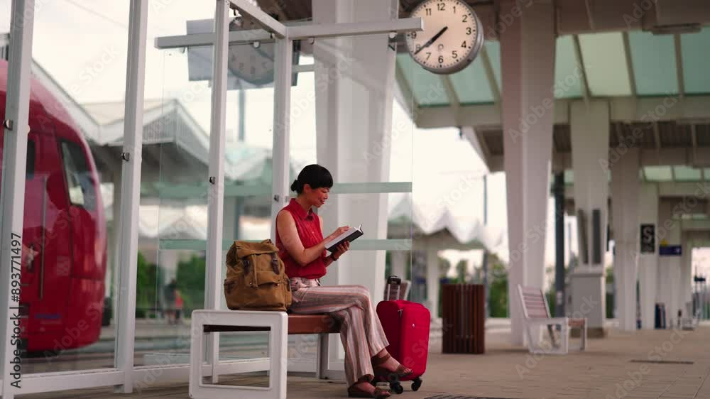 Woman reading book while waiting train or bus on station Woman reading book while waiting train or bus on station