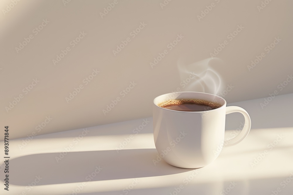 Obraz premium A steaming cup of coffee resting on a light surface, highlighting a serene and cozy atmosphere, perfect for enjoying a warm beverage