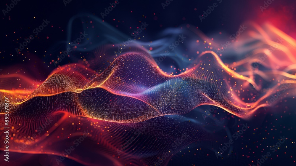 Dynamic abstract waves of colorful light and particles on dark background, representing energy and motion. Dynamic abstract waves of colorful light and particles on dark background, representing energy and motion.