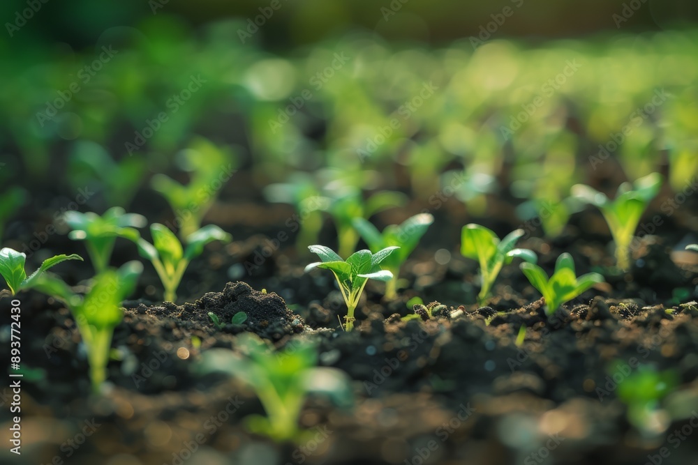 Fresh green seedlings sprout in rich soil, showcasing the beauty of new plant growth in a vibrant, sunlit garden Fresh green seedlings sprout in rich soil, showcasing the beauty of new plant growth in a vibrant, sunlit garden