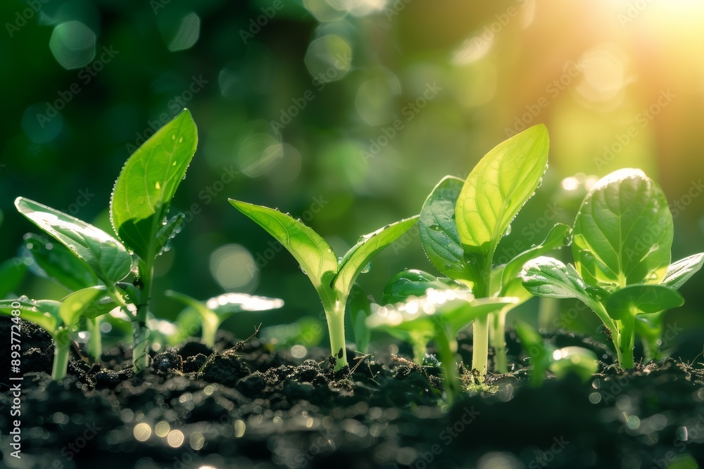 Young green plants sprouting from dark soil, illuminated by sunlight, symbolizing growth and vitality in a naturally rich environment Young green plants sprouting from dark soil, illuminated by sunlight, symbolizing growth and vitality in a naturally rich environment
