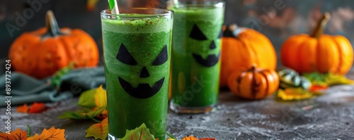 Goblin green juice with eerie decorations, Halloween drink, healthy and themed beverage
