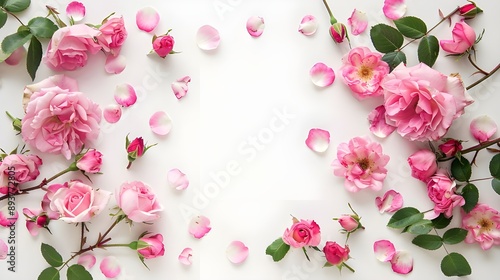 Decorative banner for the internet. Isolated on a white table background, a close-up of a pink rose in bloom. composition of a floral frame. Top view, empty space, and flat lay