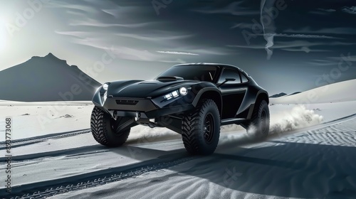 Concept car in black, an auto built for speed and power. Gold details on the car, a fast vehicle with a powerful motor.