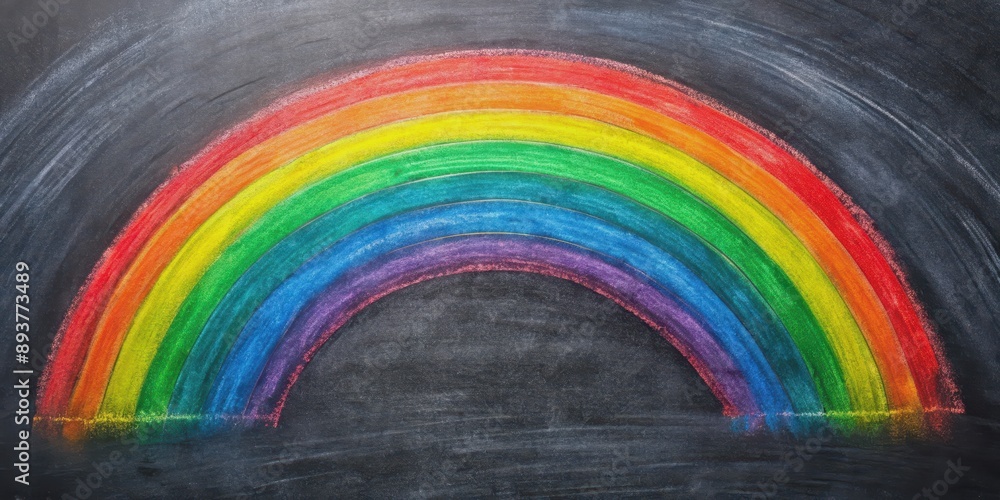 Fototapeta premium Chalk drawing of a colorful rainbow on a blackboard , chalk, drawing, vibrant, colorful, rainbow, blackboard, art, creativity