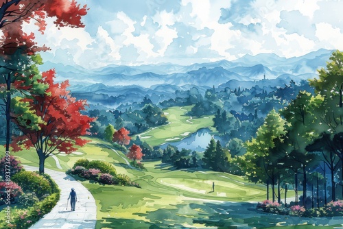 Watercolor painting of a picturesque golf course with rolling greens