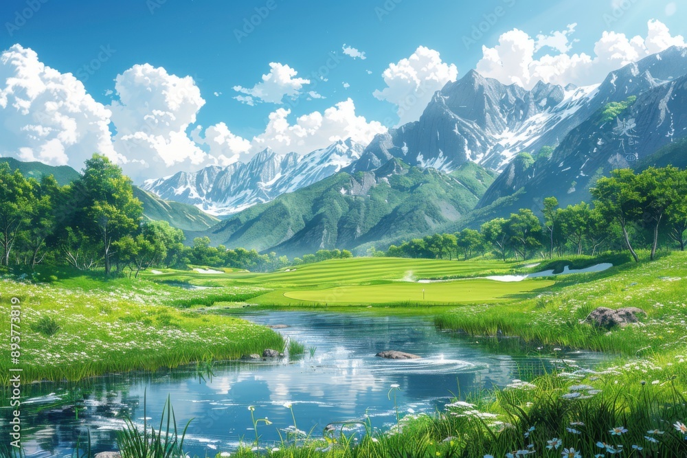 Fototapeta premium Watercolor painting of a picturesque golf course with rolling greens