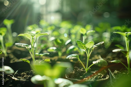 A close-up view of young green plants growing in soil, illuminated by soft sunlight, highlighting their vibrant leaves and nurturing environment