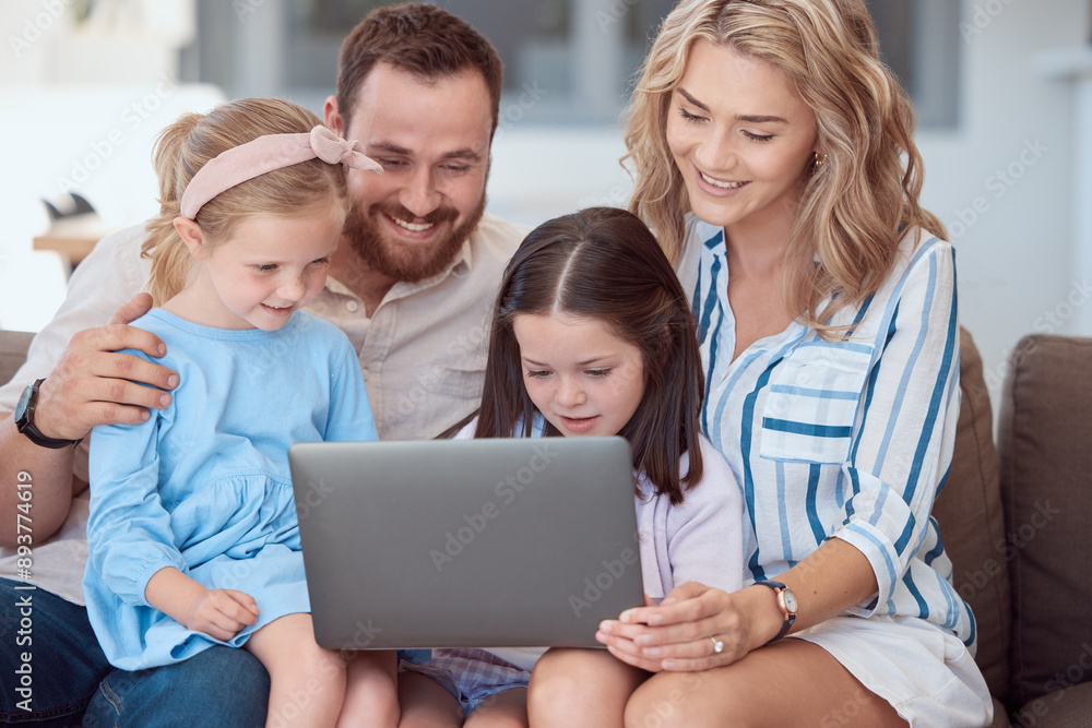 Parents, children and laptop on sofa with smile, video and streaming with bonding in family house. Father, mother and daughter siblings for movies, film or cartoon with subscription in living room Parents, children and laptop on sofa with smile, video and streaming with bonding in family house. Father, mother and daughter siblings for movies, film or cartoon with subscription in living room
