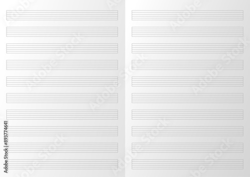 sheet music pentagram 5 lines lined with margin paper on a page spread white realistic