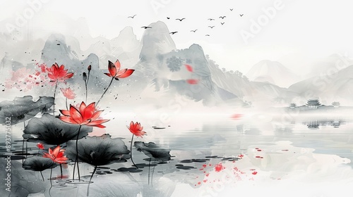 Red Lotus Flowers Blossom in a Misty Mountain Landscape
