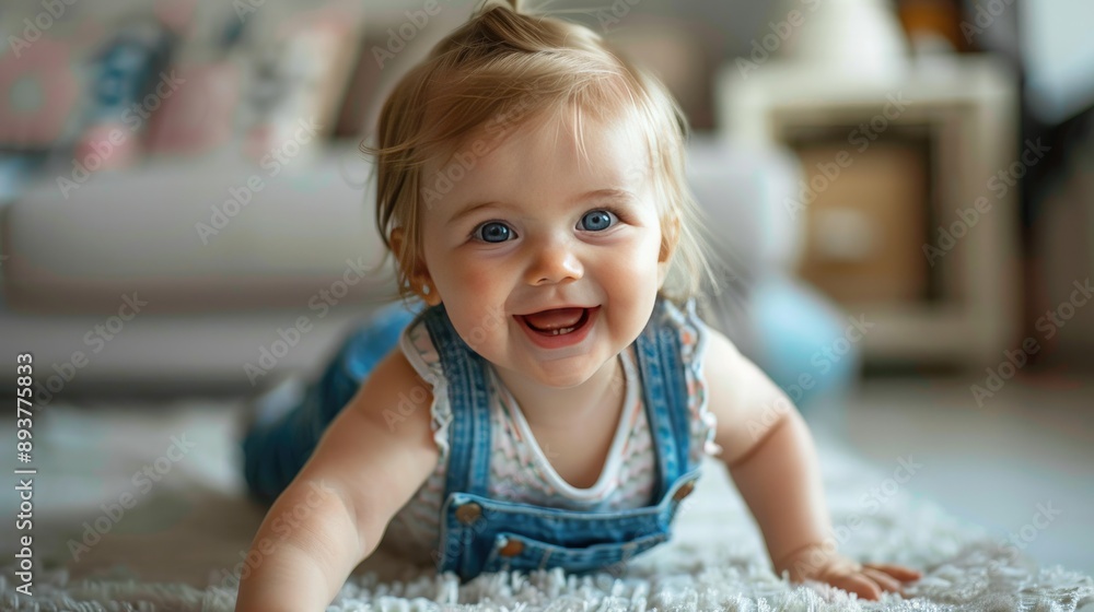 Adorable baby girl crawling and smiling, in overalls. Adorable baby girl crawling and smiling, in overalls.