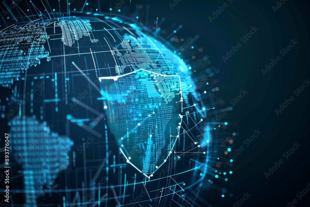 Fototapeta premium A digital globe with a shield representing global cybersecurity and data protection