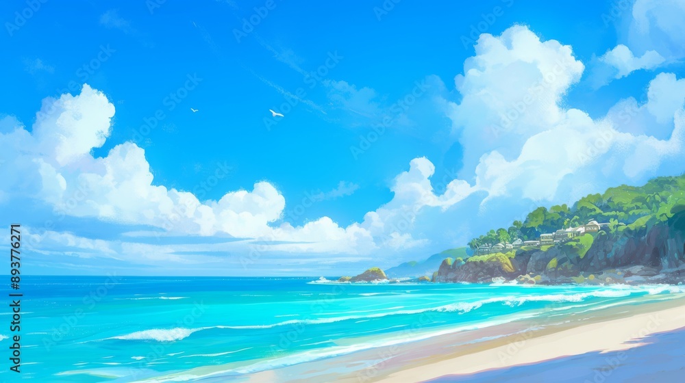 Serene Coastal Harmony, an anime-inspired beach scene showcasing gentle waves lapping at the shore, vibrant colors, minimal distractions, inviting tranquility and open space. Serene Coastal Harmony, an anime-inspired beach scene showcasing gentle waves lapping at the shore, vibrant colors, minimal distractions, inviting tranquility and open space.