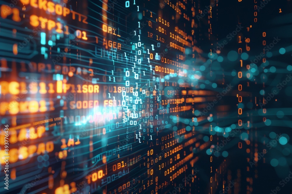 Obraz premium An abstract visualization of data flow with binary code and glowing lines.