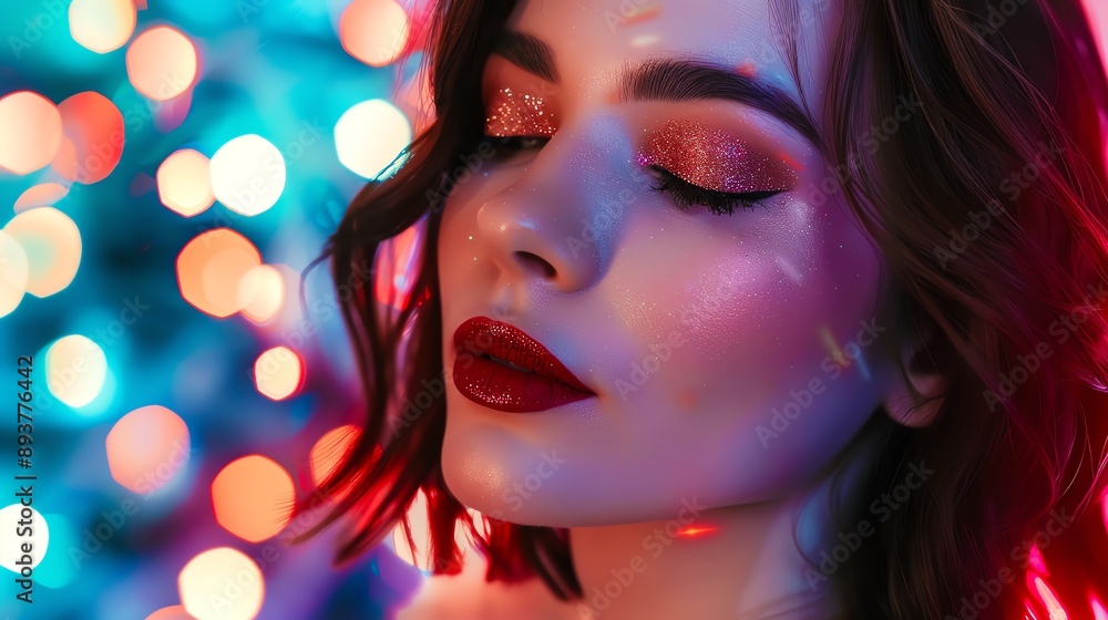 Close-up of a woman with glamorous makeup, sparkling eyeshadow, and red lipstick in front of colorful bokeh lights Close-up of a woman with glamorous makeup, sparkling eyeshadow, and red lipstick in front of colorful bokeh lights
