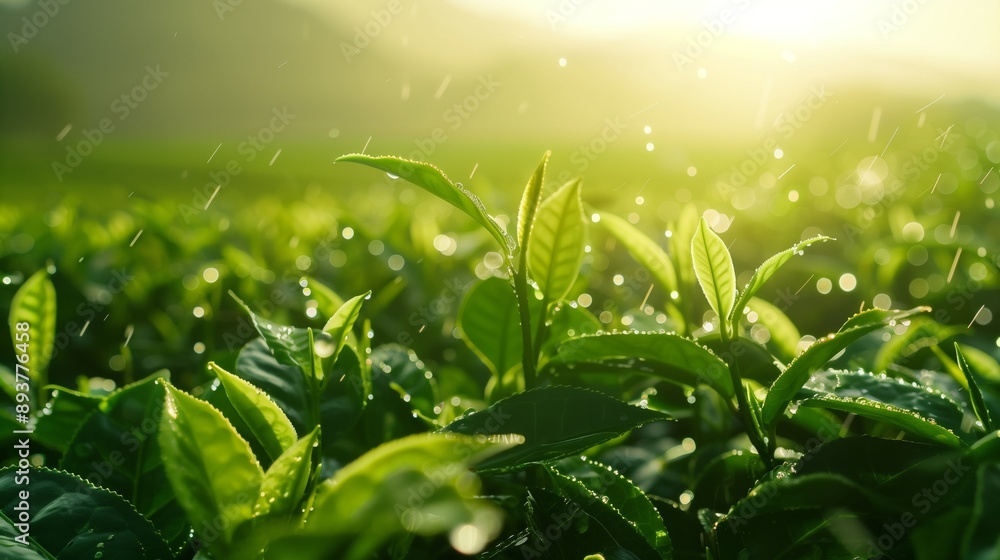 Closeup shot of green tea field, raindrops and morning sunlight falling on leaves, background design Closeup shot of green tea field, raindrops and morning sunlight falling on leaves, background design