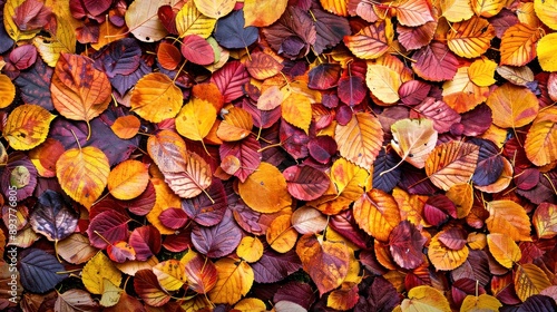 Fallen leaves of crimson, gold, and purple blanket the ground, creating a vibrant autumnal tapestry