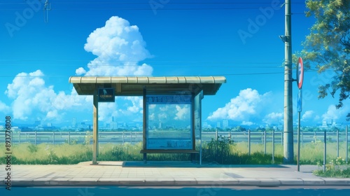 Anime-inspired bus stop scene, vibrant colors, minimalist design, emphasis on simplicity, inviting atmosphere, clear and open space, ideal for urban storytelling.