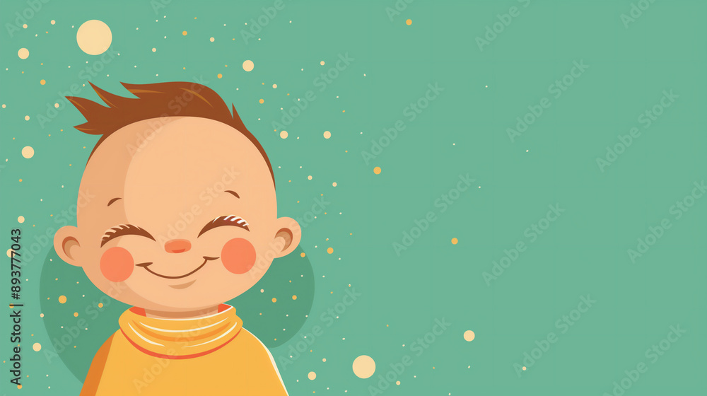 Cheerful small Boy with closed Eyes on light green Background with beige Dots. Flat Design Illustration with Copy Space for Text. Suitable for Banner, Poster, Flyer, Cover Cheerful small Boy with closed Eyes on light green Background with beige Dots. Flat Design Illustration with Copy Space for Text. Suitable for Banner, Poster, Flyer, Cover