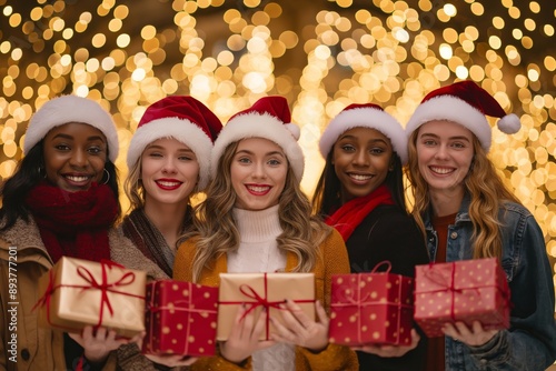 Embrace the holiday cheer by taking a group photo with vibrant gift boxes, friends gathering in joy during the festive winter season, capturing the celebration and happiness of the moment photo