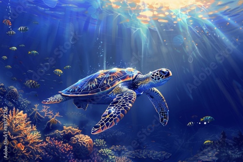 Sea Turtle Swimming Through Sunlight