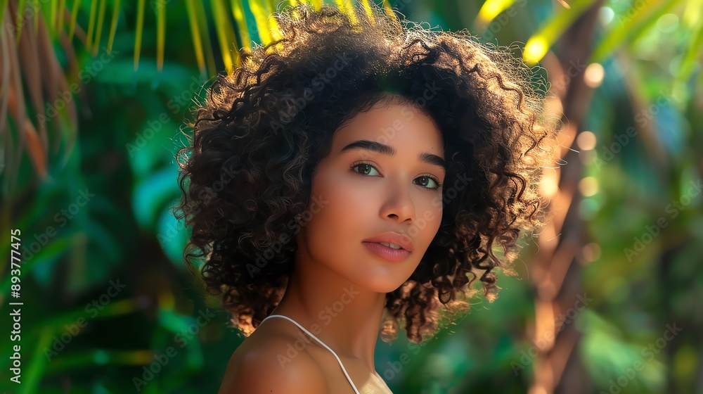 Portrait of a woman with curly hair, posing in a vibrant tropical setting with lush green foliage in the background, captured in natural light. Portrait of a woman with curly hair, posing in a vibrant tropical setting with lush green foliage in the background, captured in natural light.